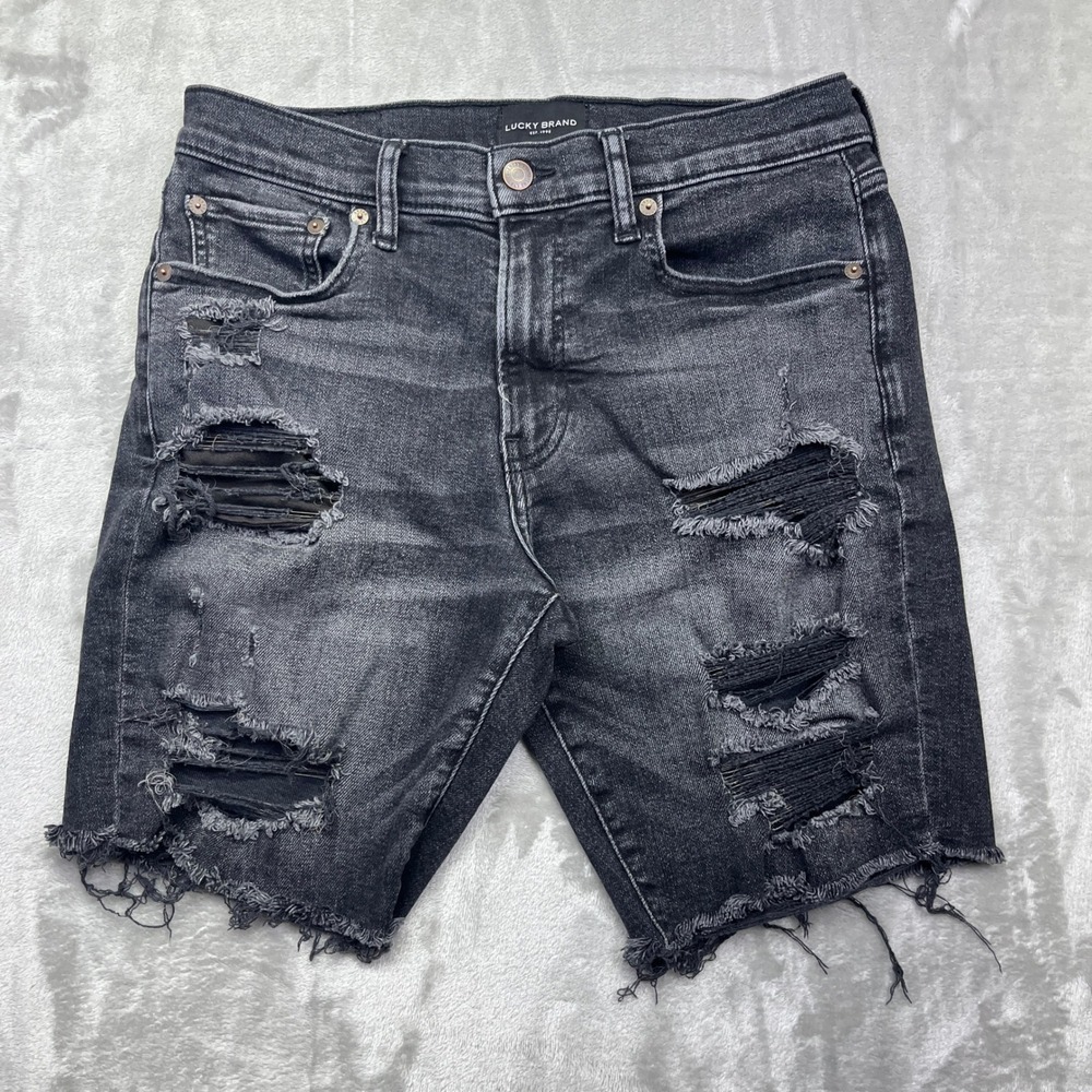 Lucky Brand Denim Shorts Distressed Rips Black Wash Women's Sz 30 Fit 29" Grunge